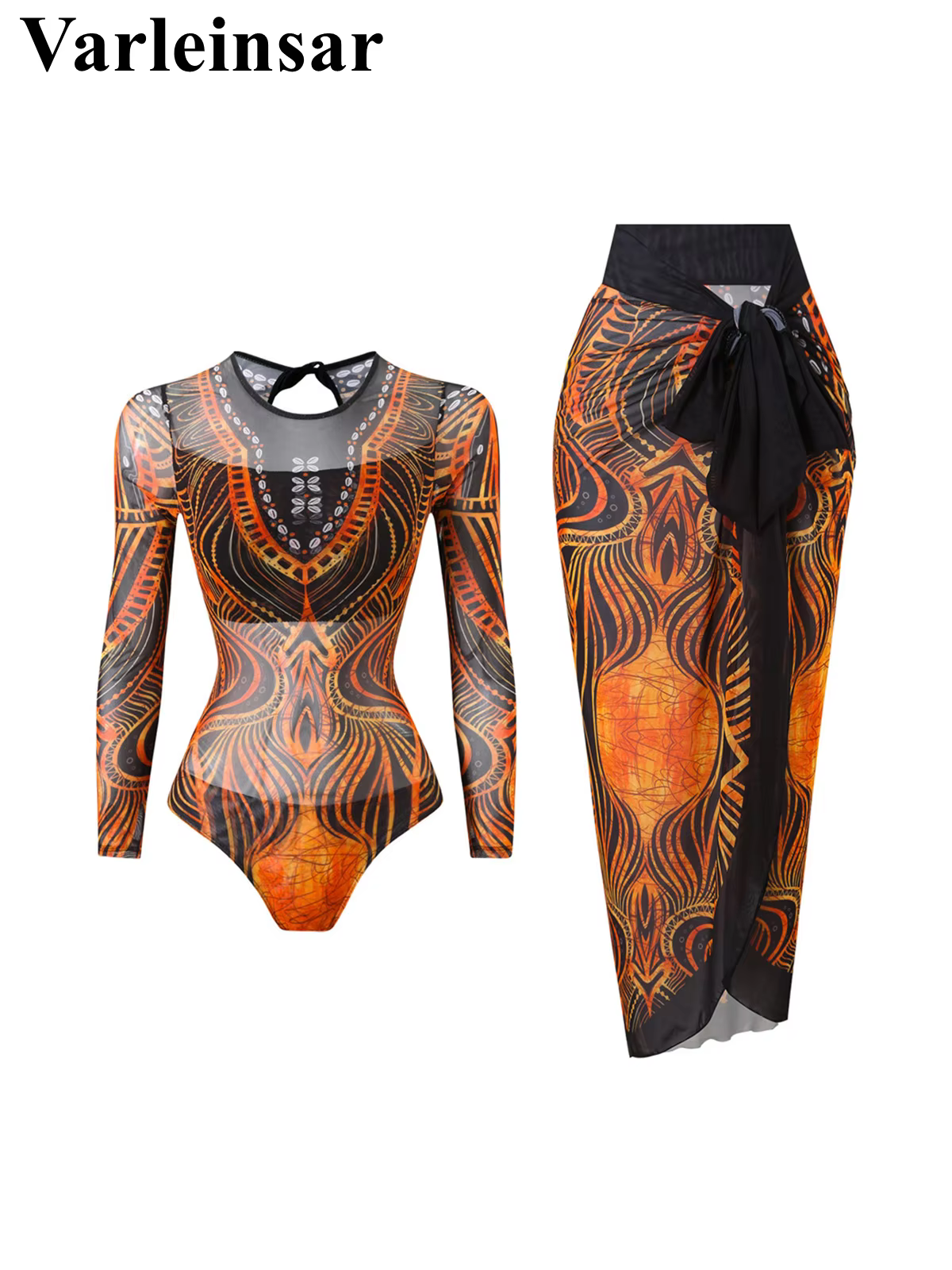 Printed Long Sleeve One-Piece Swimsuit with Matching Sarong - thumbnail 5