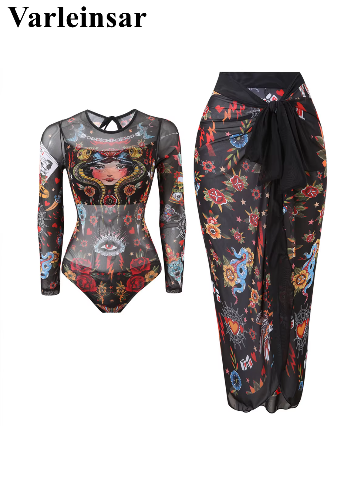 Printed Long Sleeve One-Piece Swimsuit with Matching Sarong - thumbnail 6