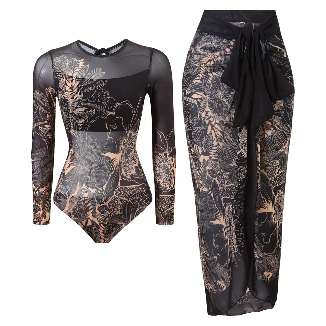 Printed Long Sleeve One-Piece Swimsuit with Matching Sarong - thumbnail 8