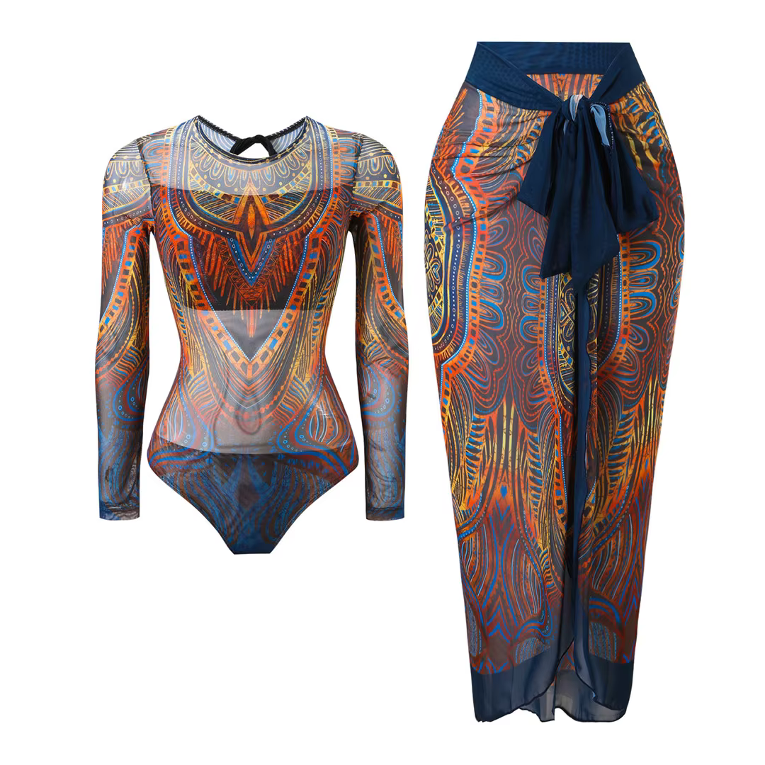 Printed Long Sleeve One-Piece Swimsuit with Matching Sarong - thumbnail 10