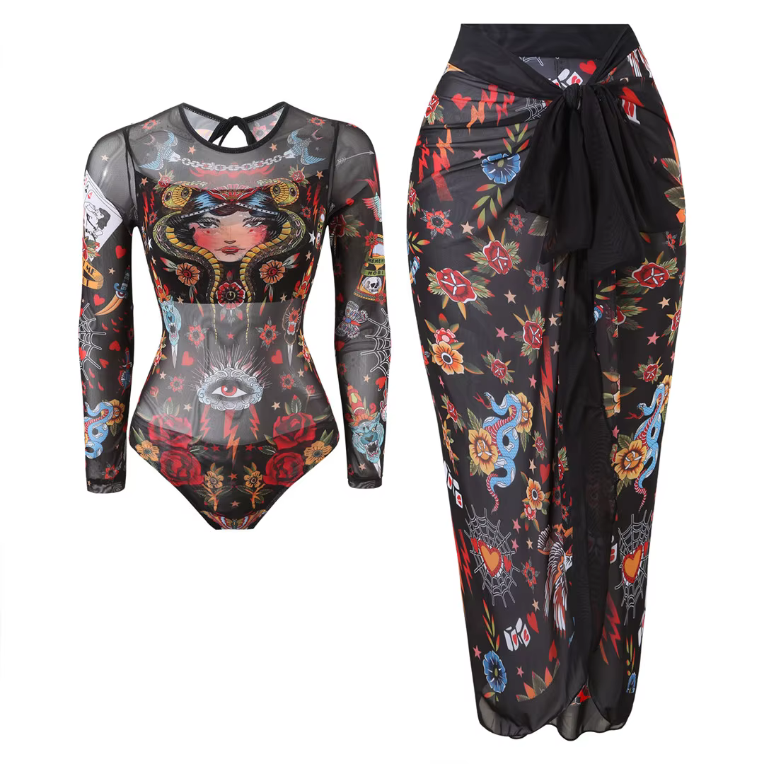 Printed Long Sleeve One-Piece Swimsuit with Matching Sarong - thumbnail 7