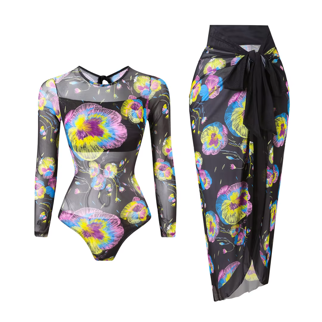 Printed Long Sleeve One-Piece Swimsuit with Matching Sarong - thumbnail 9