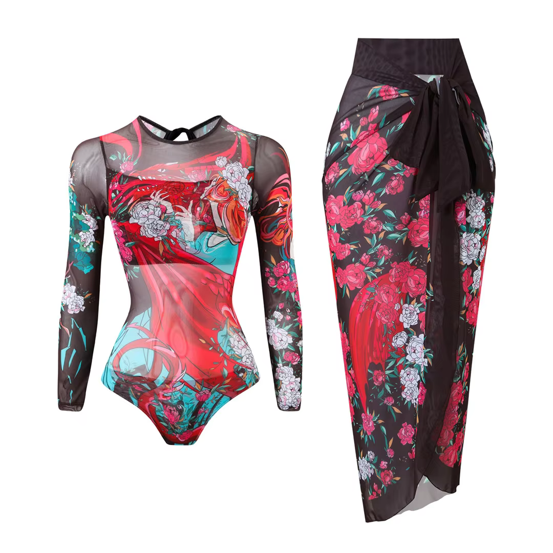 Printed Long Sleeve One-Piece Swimsuit with Matching Sarong - thumbnail 12