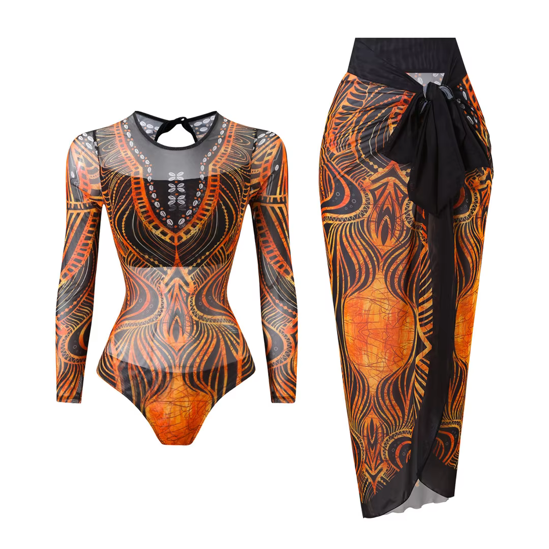 Printed Long Sleeve One-Piece Swimsuit with Matching Sarong - thumbnail 11