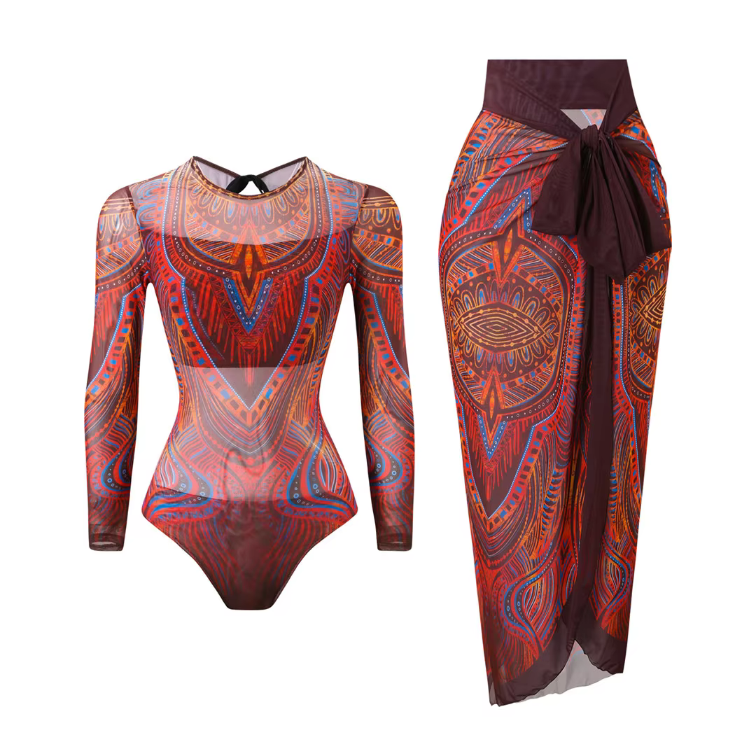 Printed Long Sleeve One-Piece Swimsuit with Matching Sarong - thumbnail 13