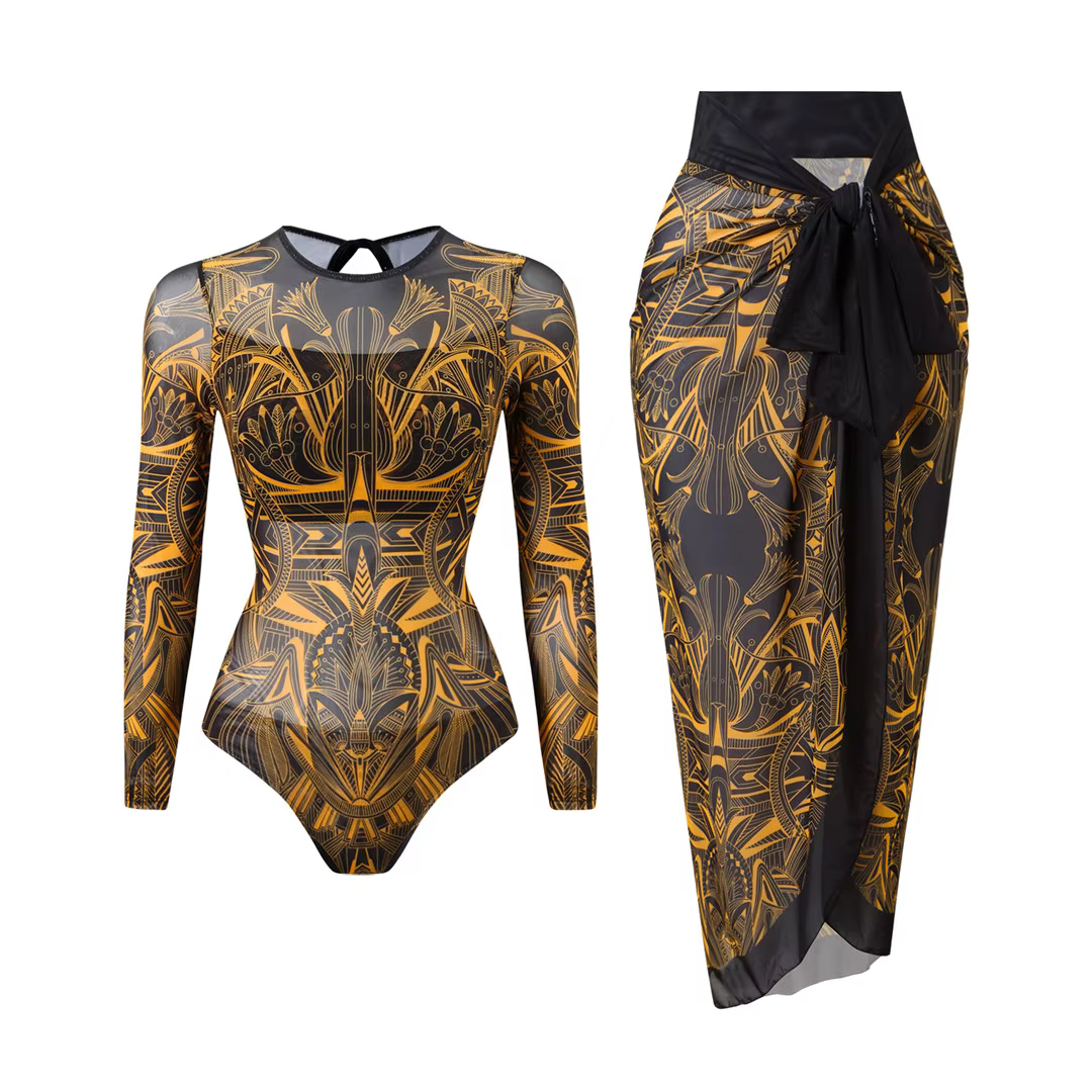 Printed Long Sleeve One-Piece Swimsuit with Matching Sarong - thumbnail 15