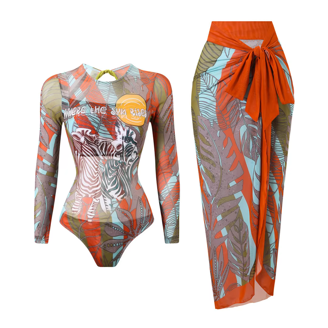 Printed Long Sleeve One-Piece Swimsuit with Matching Sarong - thumbnail 14