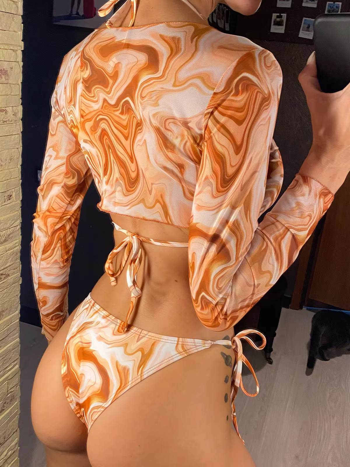 Leopard Print Long Sleeve 3-Piece Bikini Set - thumbnail 4