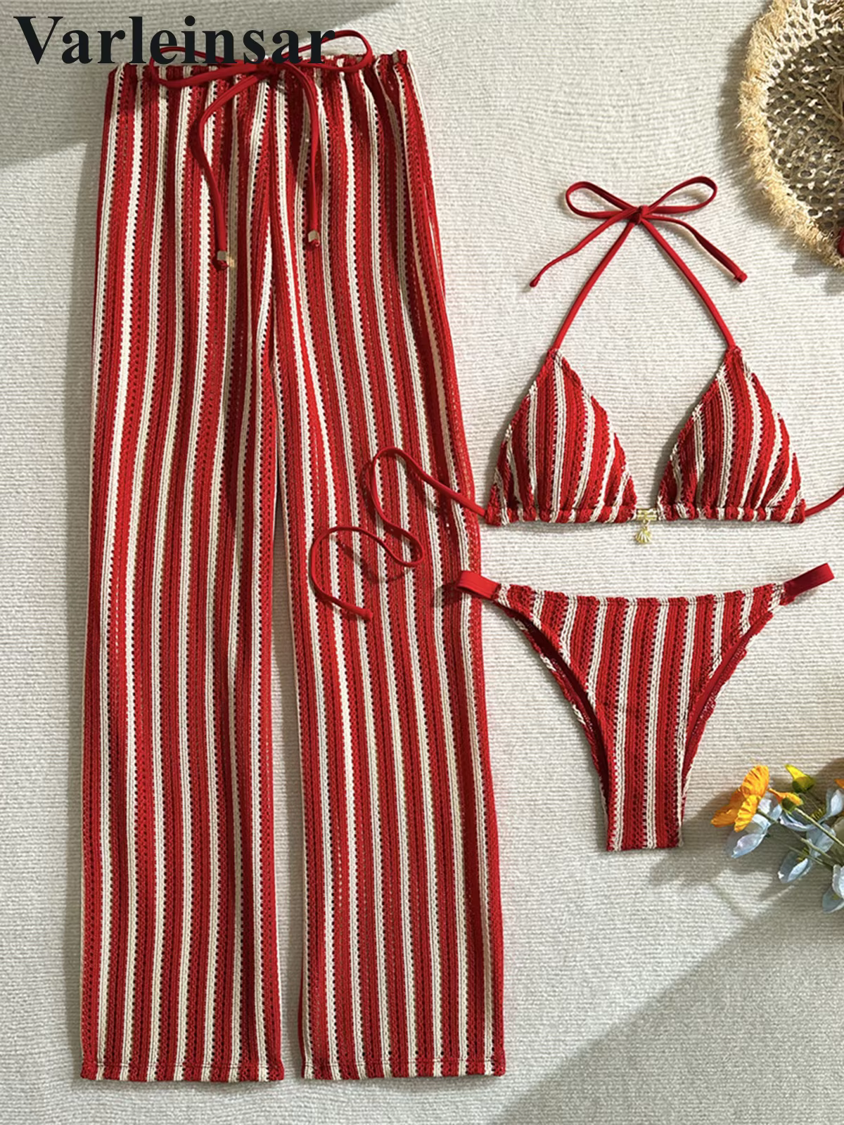 Striped Halter Bikini Set with Matching Pants - 3-Piece Swimsuit - thumbnail 3