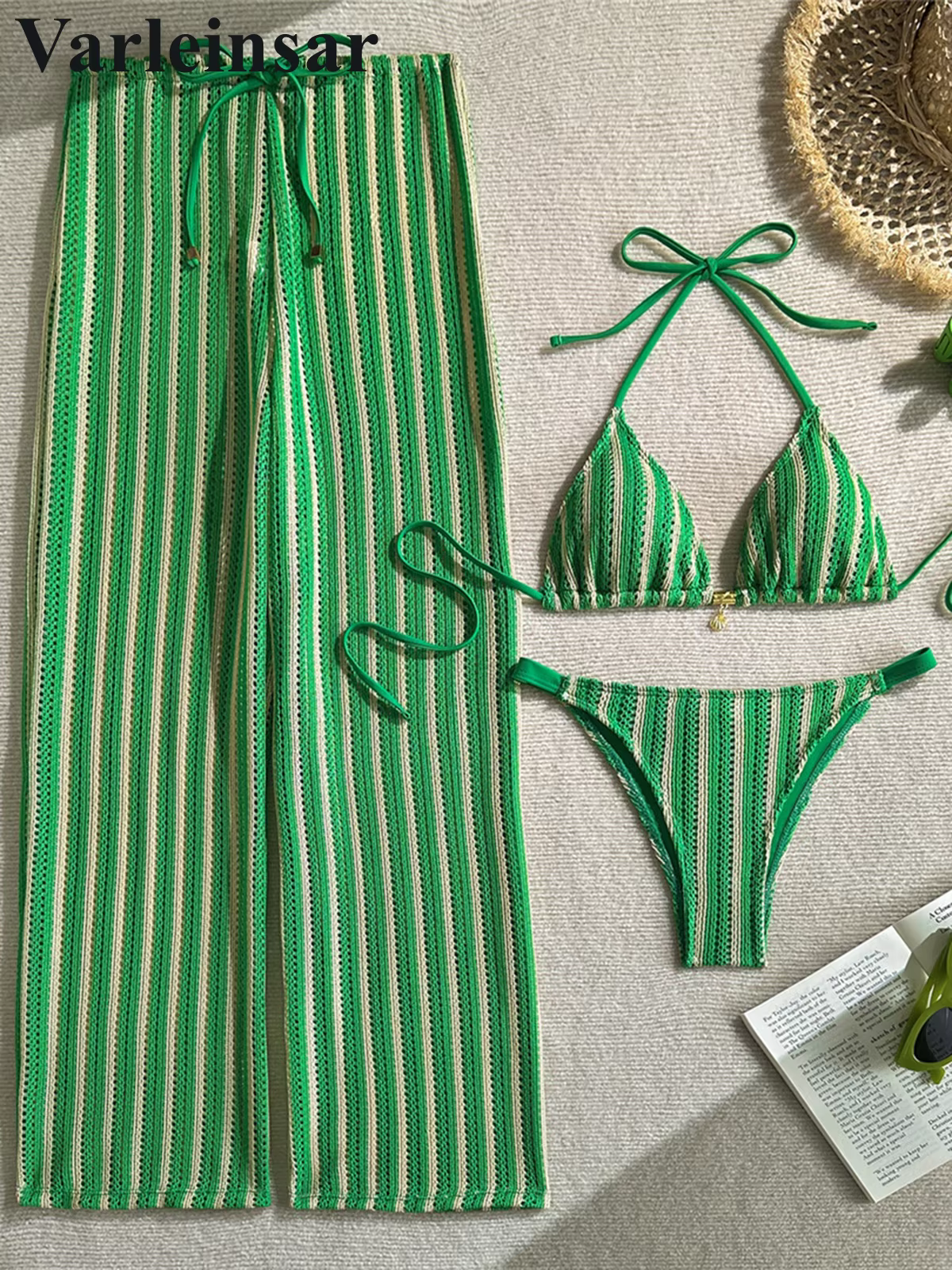 Striped Halter Bikini Set with Matching Pants - 3-Piece Swimsuit - thumbnail 4