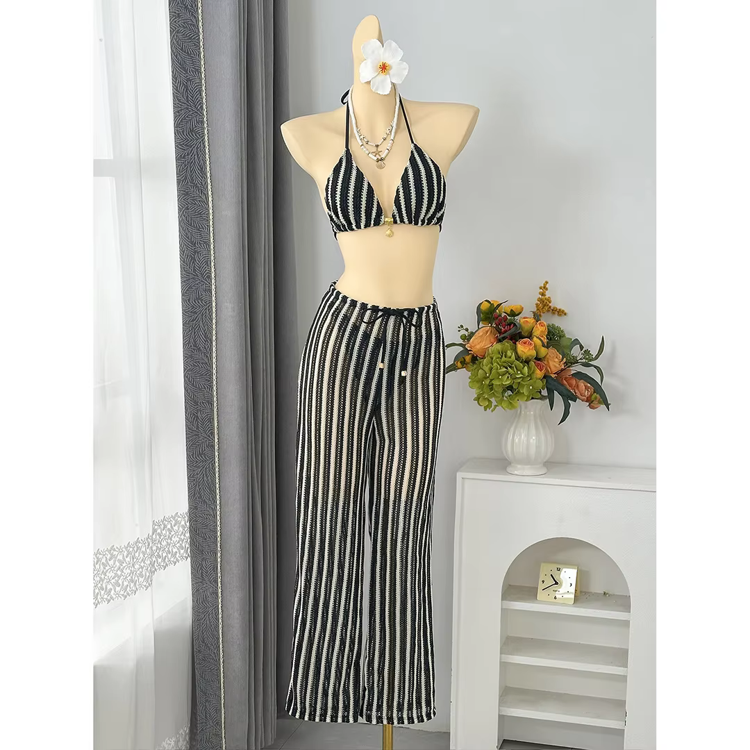Striped Halter Bikini Set with Matching Pants - 3-Piece Swimsuit - thumbnail 10