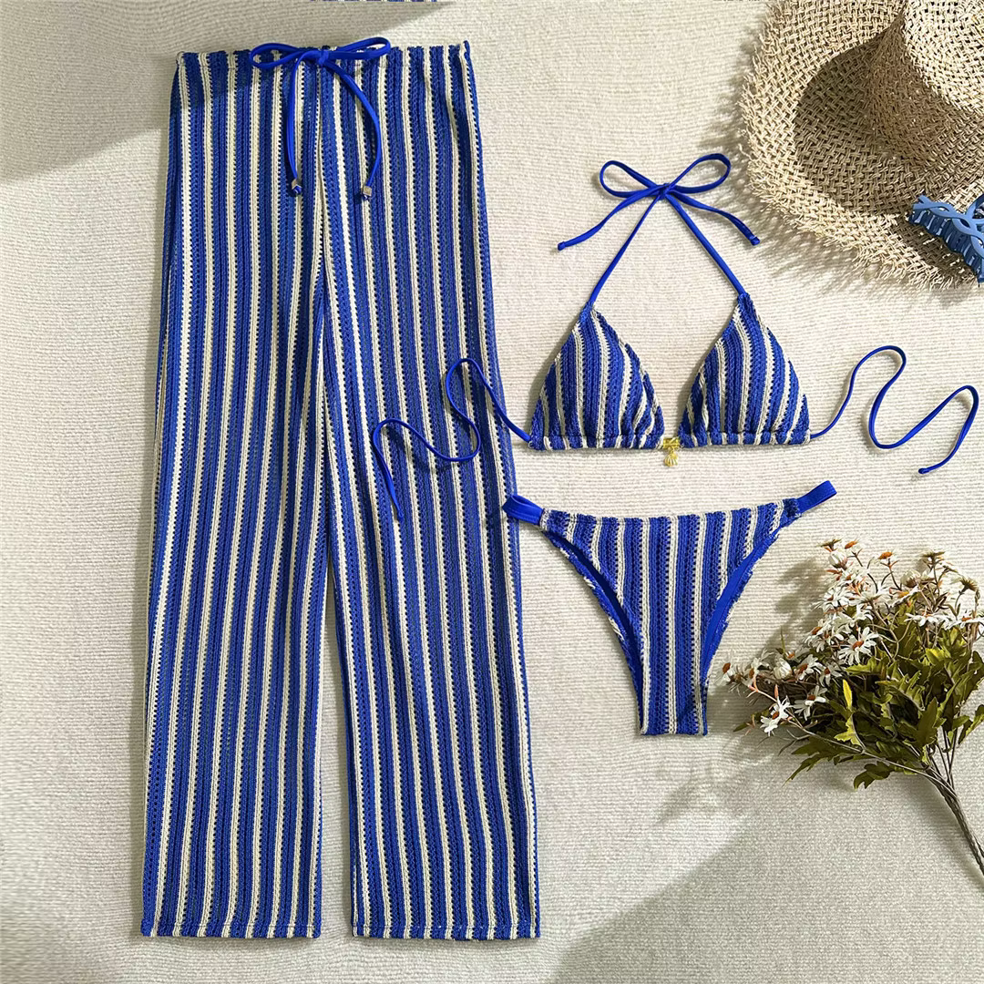 Striped Halter Bikini Set with Matching Pants - 3-Piece Swimsuit - thumbnail 8