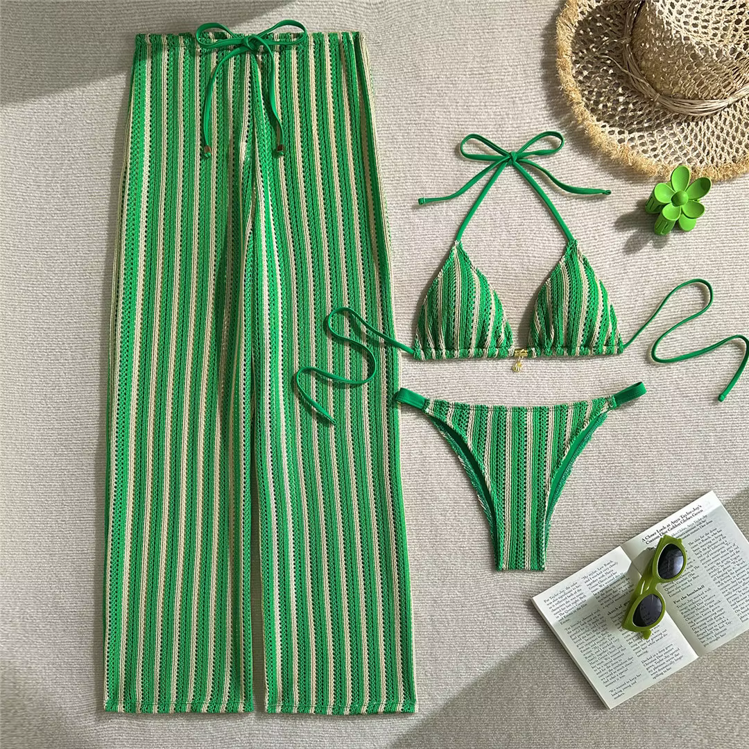 Striped Halter Bikini Set with Matching Pants - 3-Piece Swimsuit - thumbnail 7