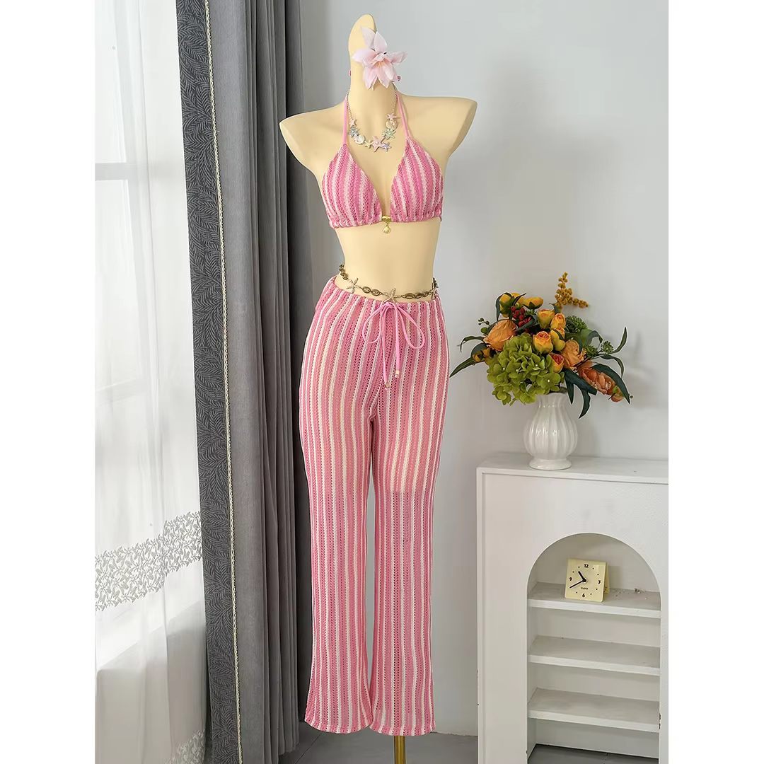 Striped Halter Bikini Set with Matching Pants - 3-Piece Swimsuit - thumbnail 11