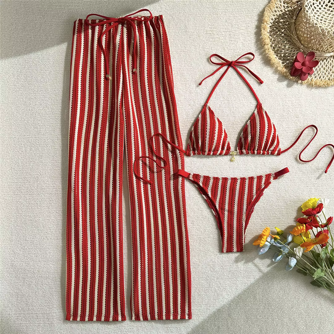 Striped Halter Bikini Set with Matching Pants - 3-Piece Swimsuit - thumbnail 9