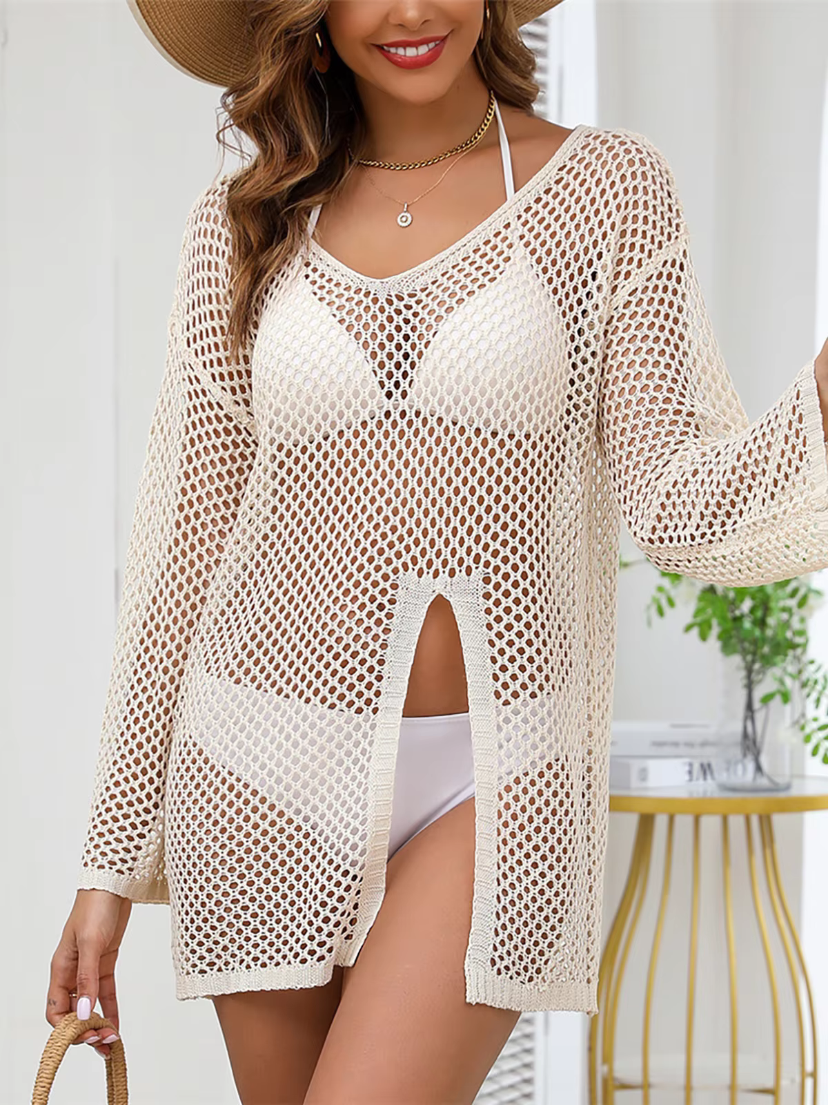 V-Neck Long Sleeve Crochet Knitted Beach Tunic Cover-Up  - thumbnail 7
