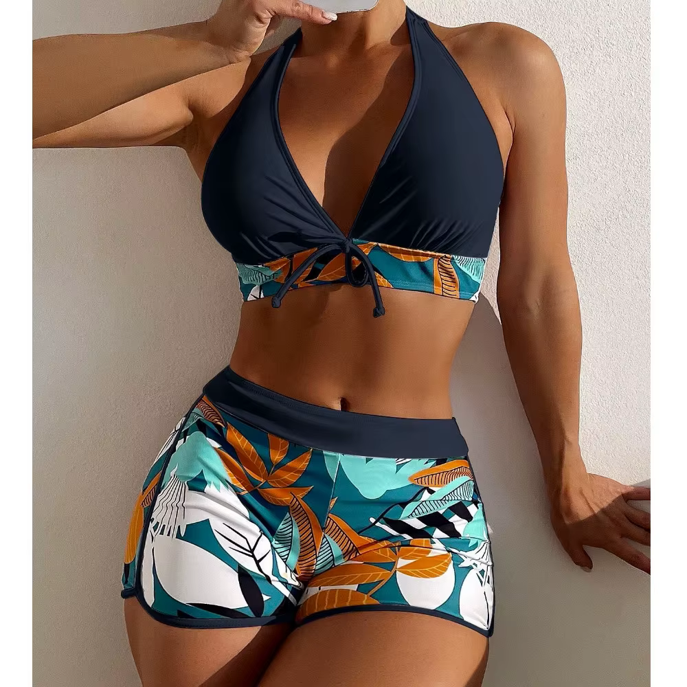 Women's Halter Bikini Set with Shorts - High Waisted Printed Swimsuit - thumbnail 12