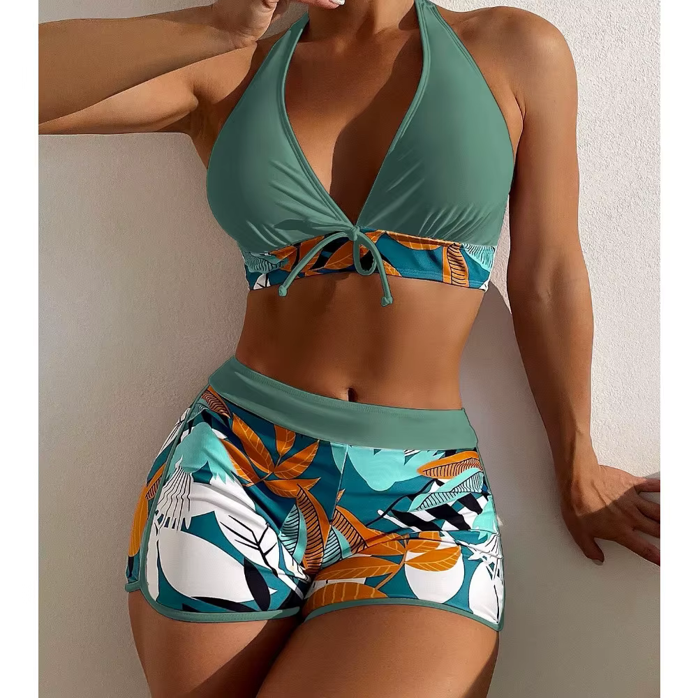 Women's Halter Bikini Set with Shorts - High Waisted Printed Swimsuit - thumbnail 13