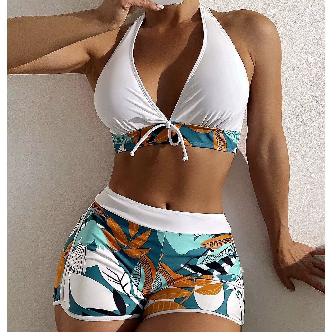 Women's Halter Bikini Set with Shorts - High Waisted Printed Swimsuit - thumbnail 11