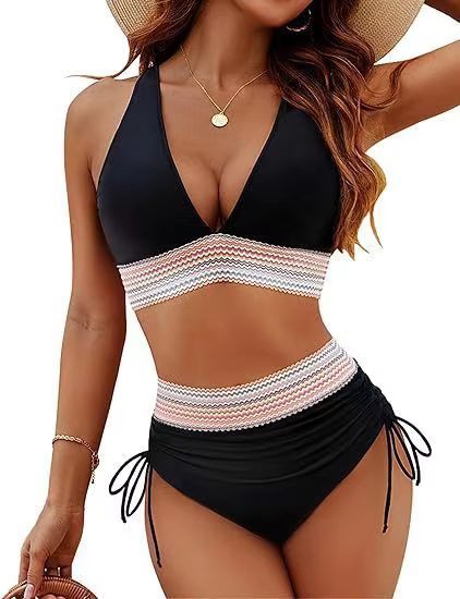 Textured High Waist Bikini Set - Wide Shoulder Belt Swimwear - thumbnail 9
