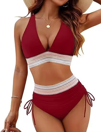 Textured High Waist Bikini Set - Wide Shoulder Belt Swimwear - thumbnail 12