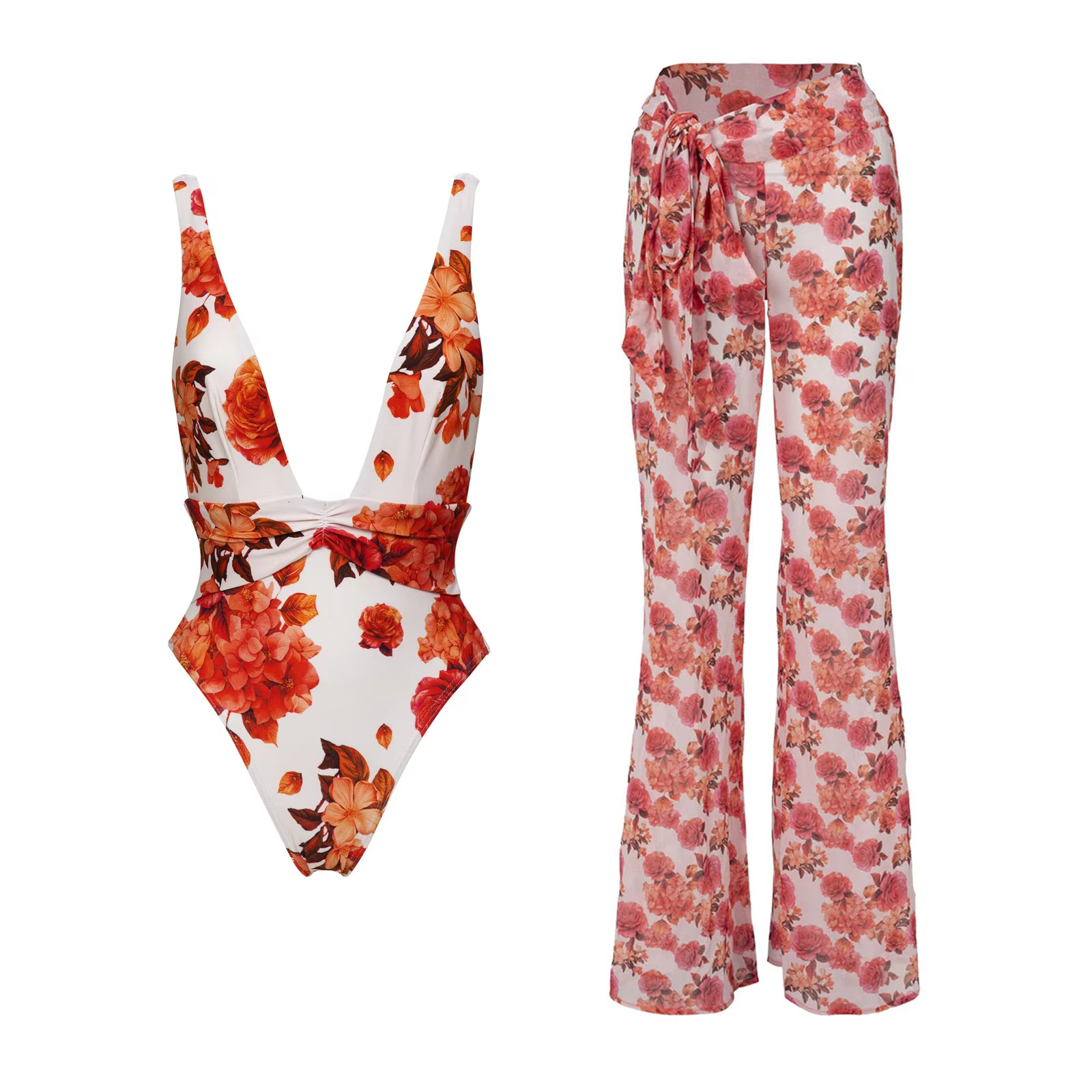 Deep V Polka Dot One-Piece Swimsuit & Matching Scarf Set - thumbnail 8