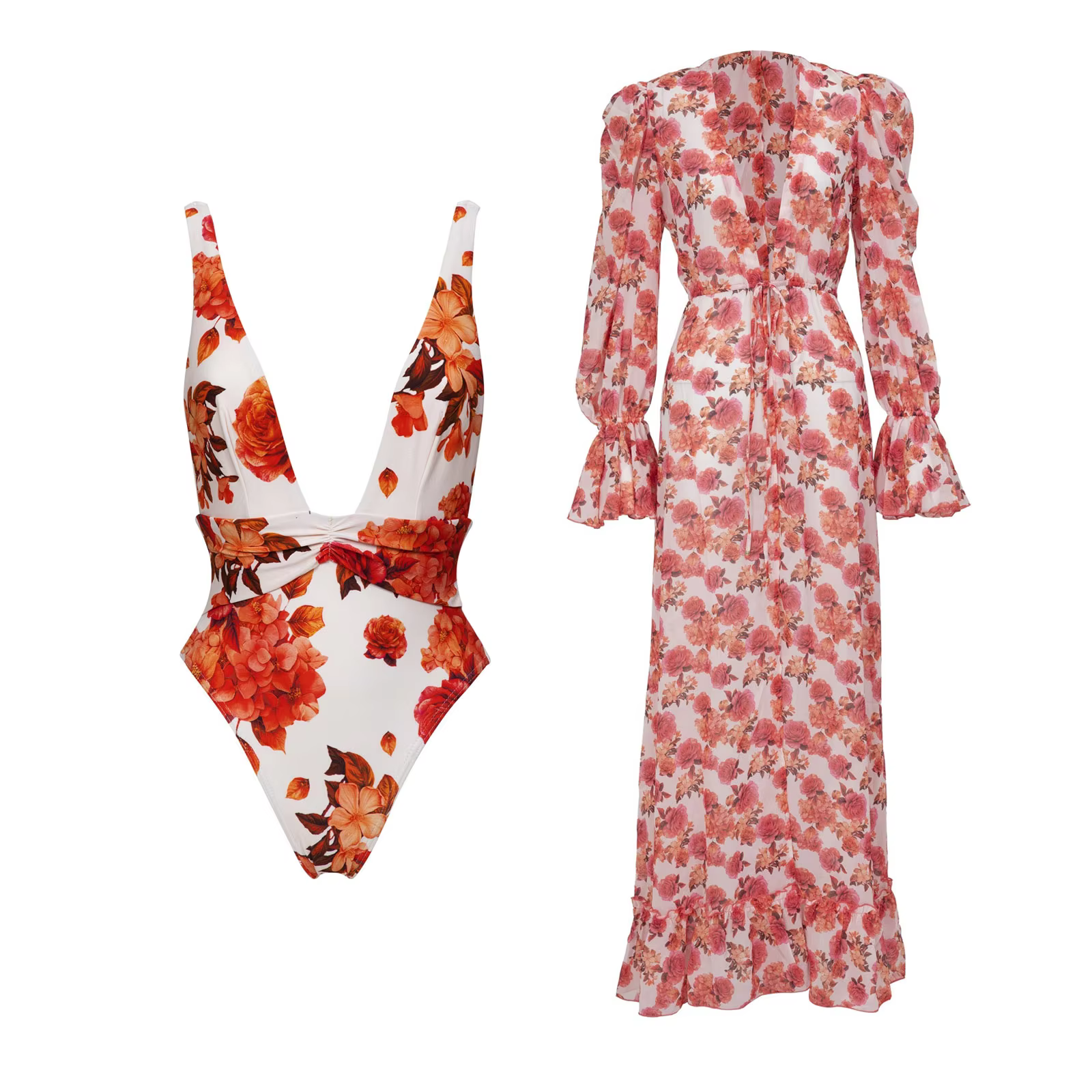 Deep V Polka Dot One-Piece Swimsuit & Matching Scarf Set - thumbnail 5