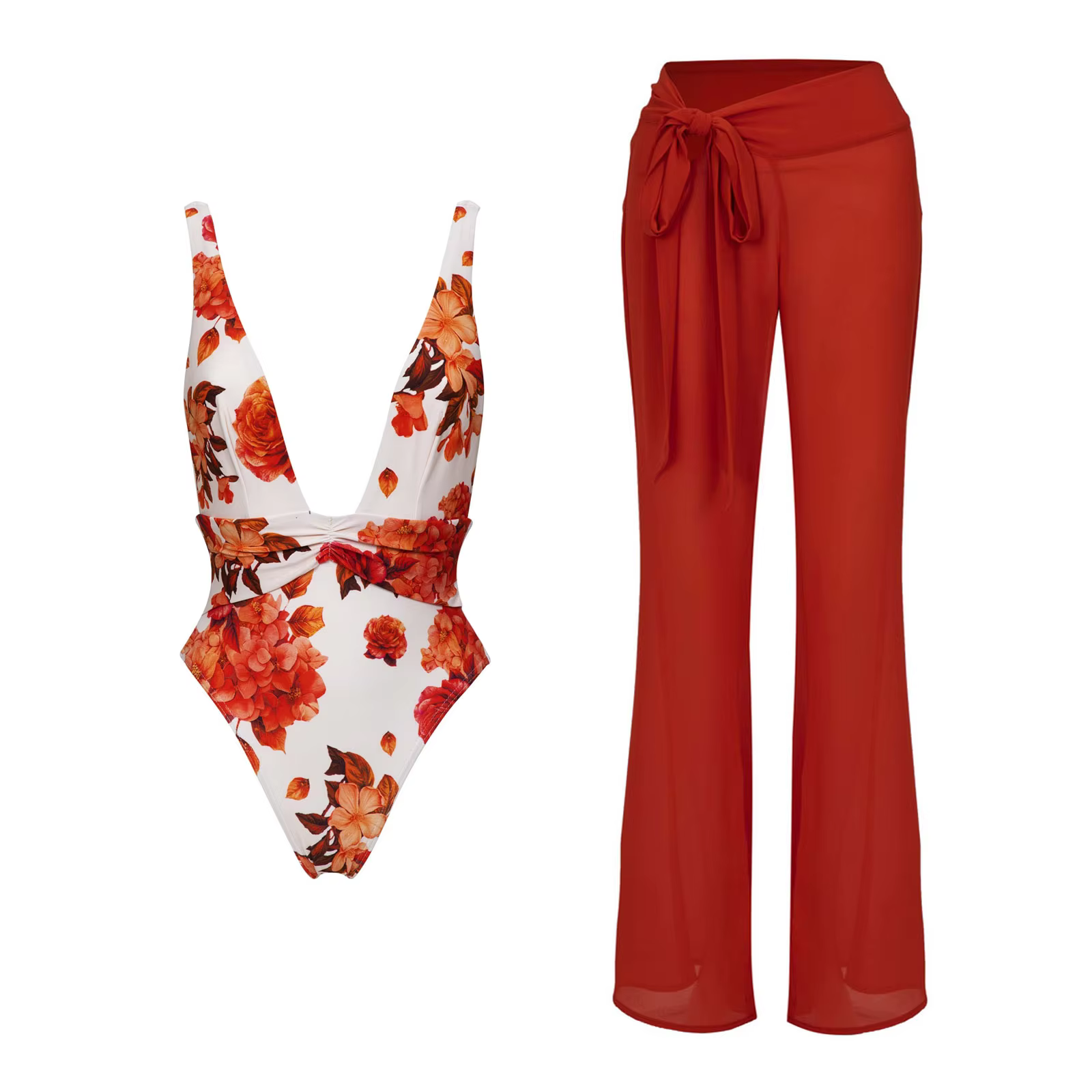 Deep V Polka Dot One-Piece Swimsuit & Matching Scarf Set - thumbnail 7
