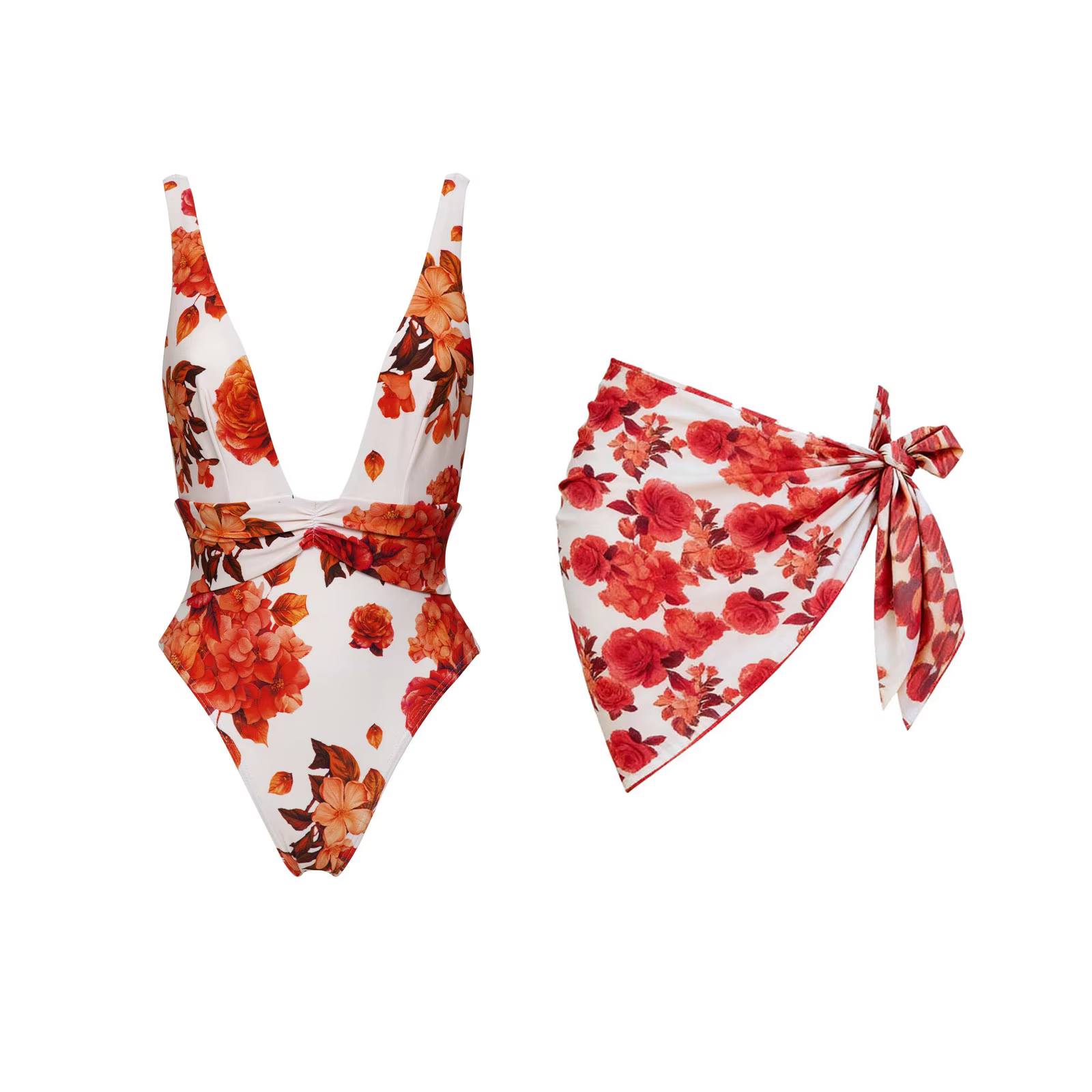 Deep V Polka Dot One-Piece Swimsuit & Matching Scarf Set - thumbnail 4
