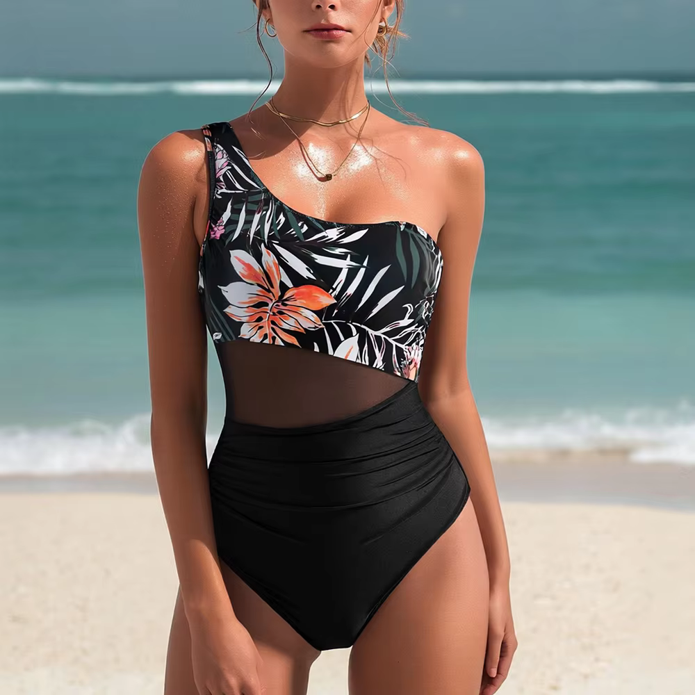 Women's One Shoulder Mesh One Piece Swimsuit - Push Up Monokini