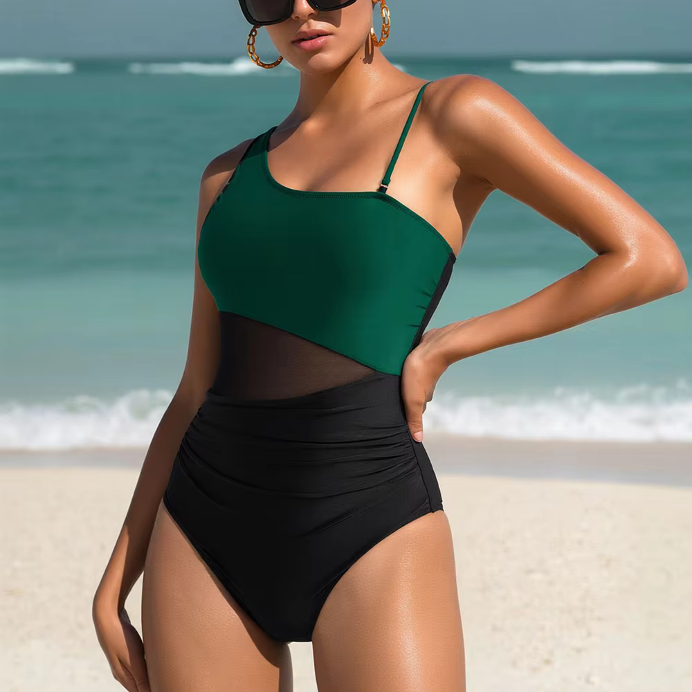 Women's One Shoulder Mesh One Piece Swimsuit - Push Up Monokini - thumbnail 4