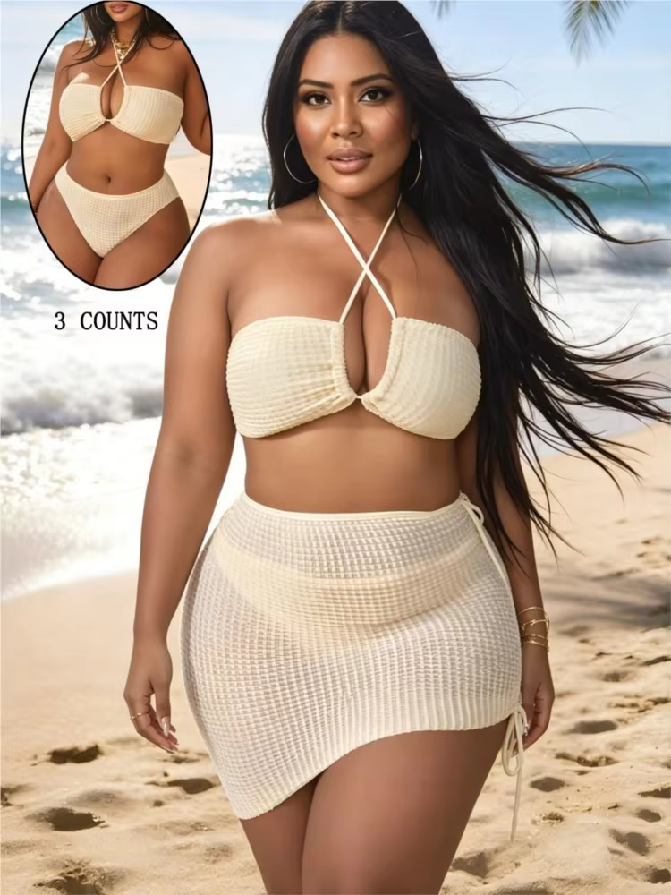 3-Piece Plus Size High Waist Bikini Set with Cover Up 01