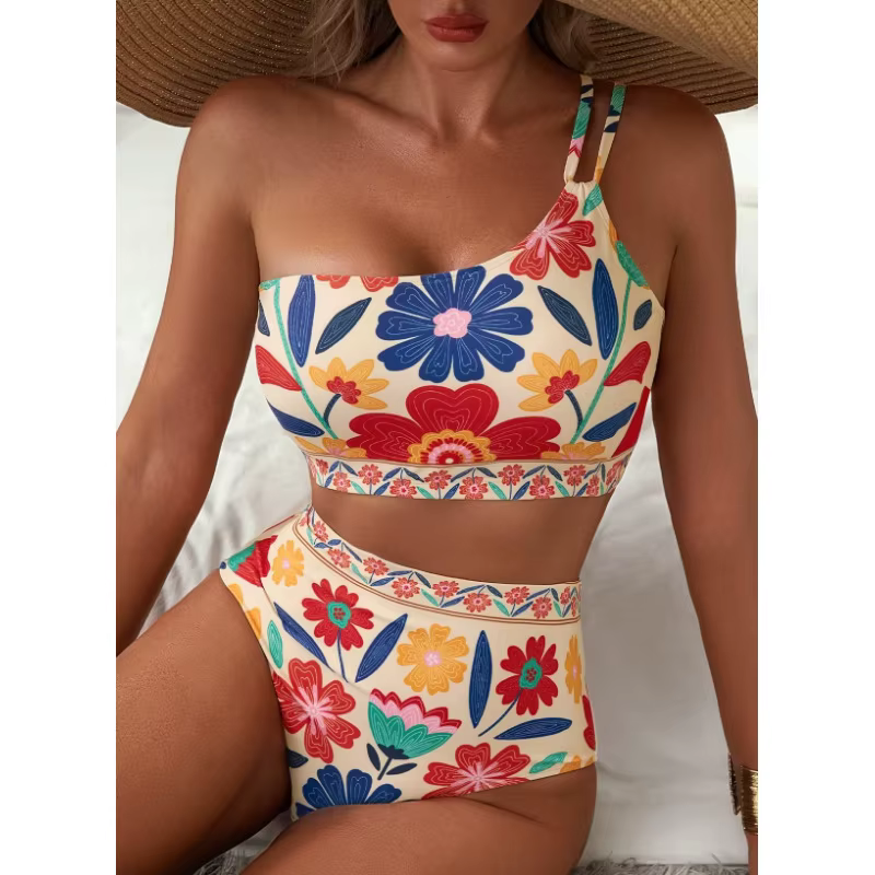 Women's One Shoulder Floral Bikini Set - High Waisted Tankini Swimsuit
