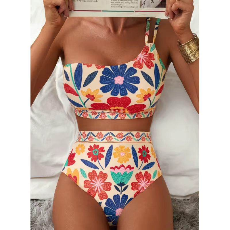 Women's One Shoulder Floral Bikini Set - High Waisted Tankini Swimsuit - thumbnail 2