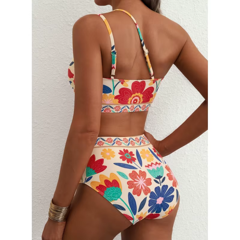 Women's One Shoulder Floral Bikini Set - High Waisted Tankini Swimsuit - thumbnail 3