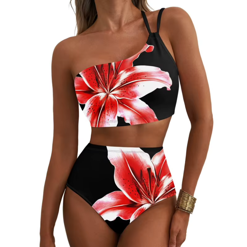Women's One Shoulder Floral Bikini Set - High Waisted Tankini Swimsuit - thumbnail 4