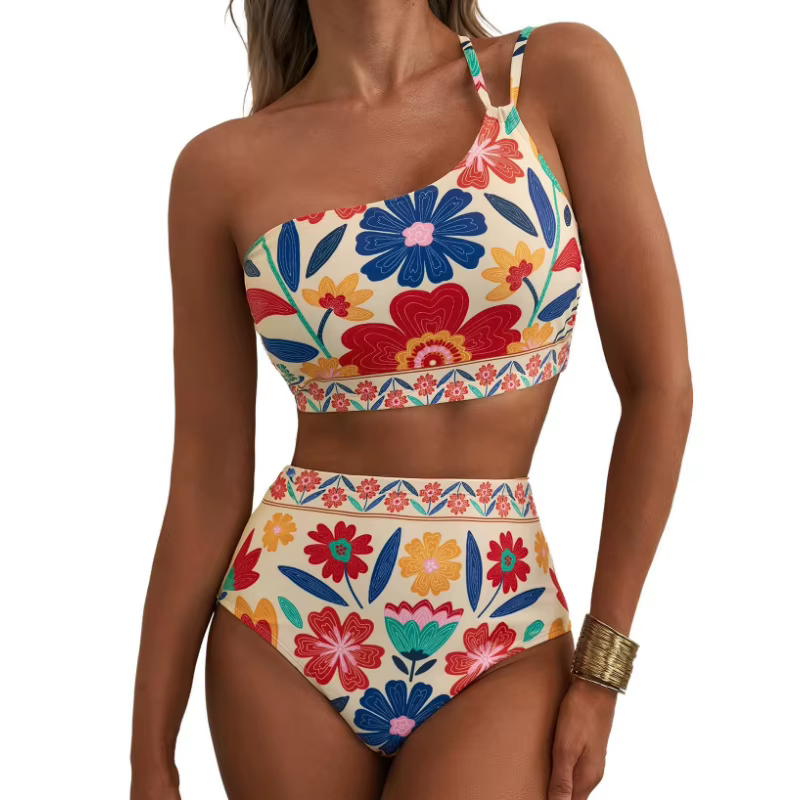 Women's One Shoulder Floral Bikini Set - High Waisted Tankini Swimsuit - thumbnail 9