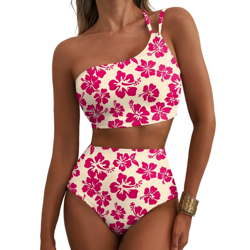 Women's One Shoulder Floral Bikini Set - High Waisted Tankini Swimsuit - thumbnail 5