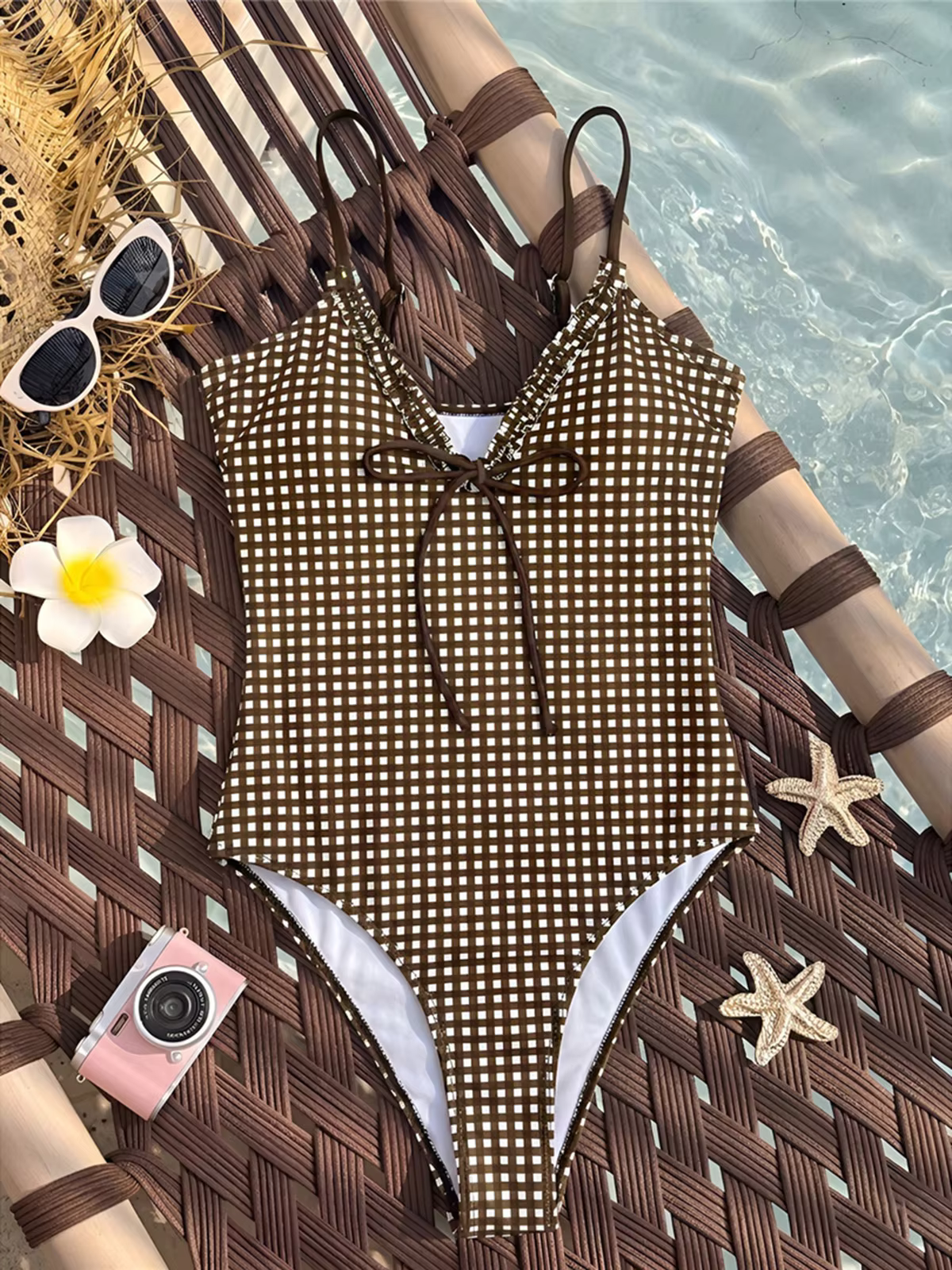 Frilled Plaid V-Neck One-Piece Swimsuit - thumbnail 5