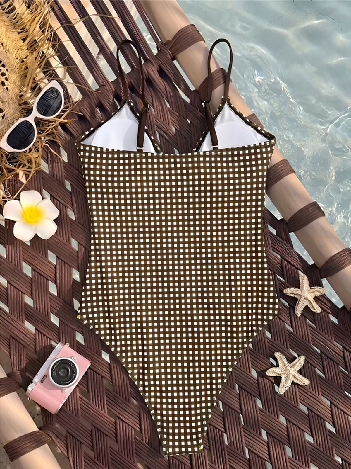 Frilled Plaid V-Neck One-Piece Swimsuit - thumbnail 6
