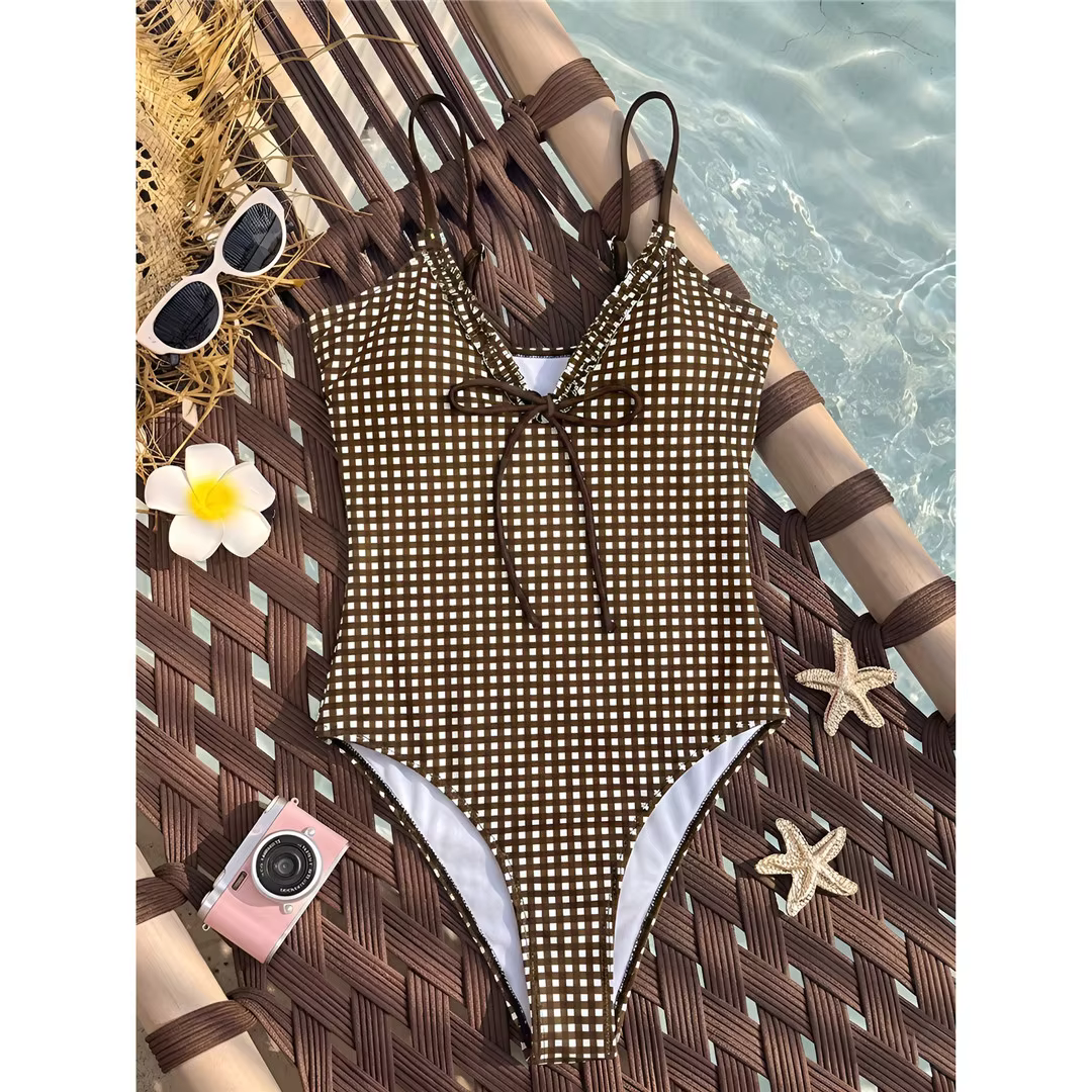 Frilled Plaid V-Neck One-Piece Swimsuit - thumbnail 7