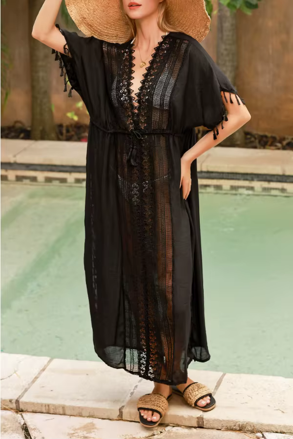 Women's Slub Cotton Fringed Beach Cover Up Dress - Bikini Blouse - thumbnail 7