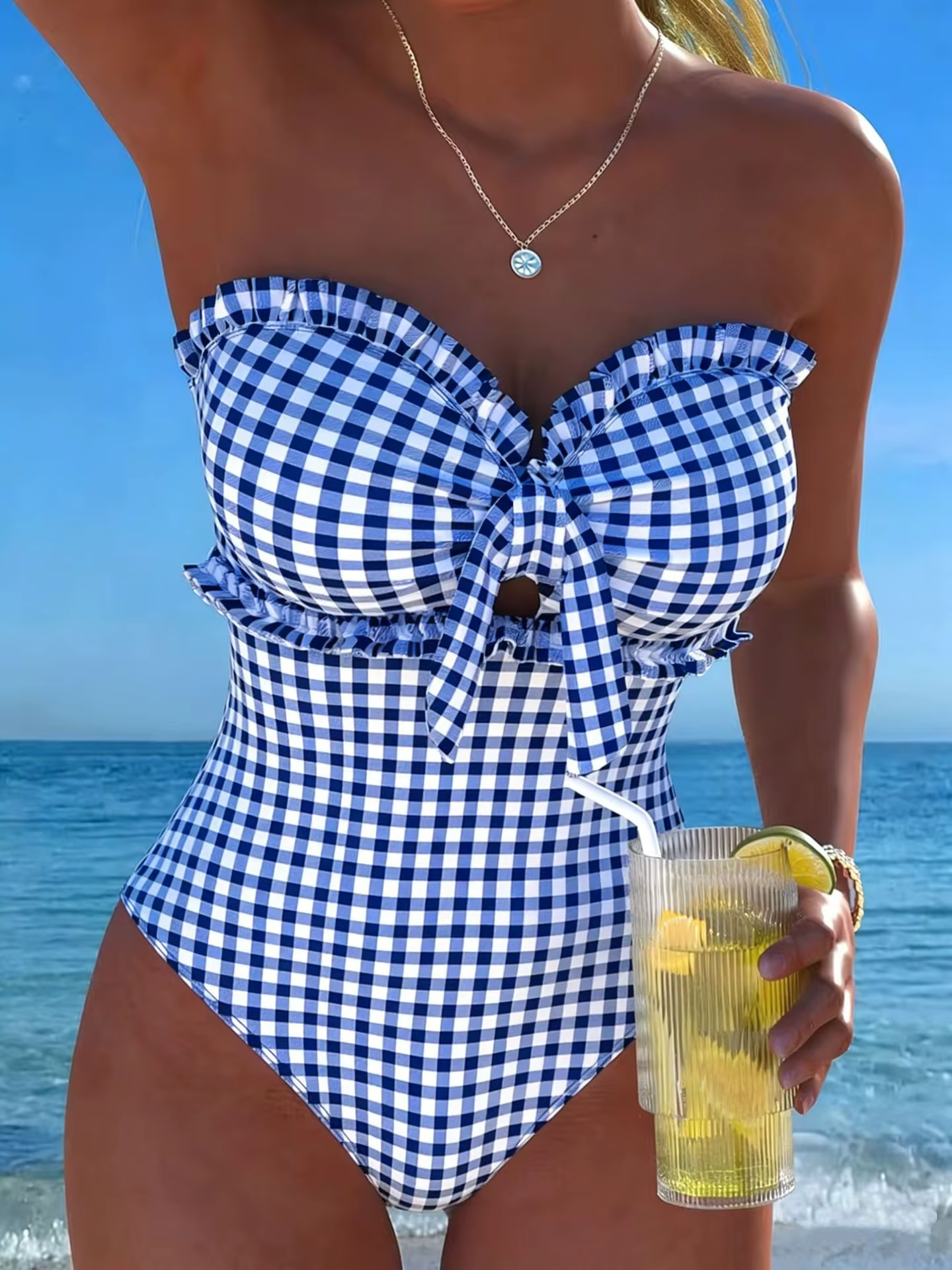 Women's Plaid & Striped Tube Top One Piece Swimsuit - Lace-Up Monokini - thumbnail 2