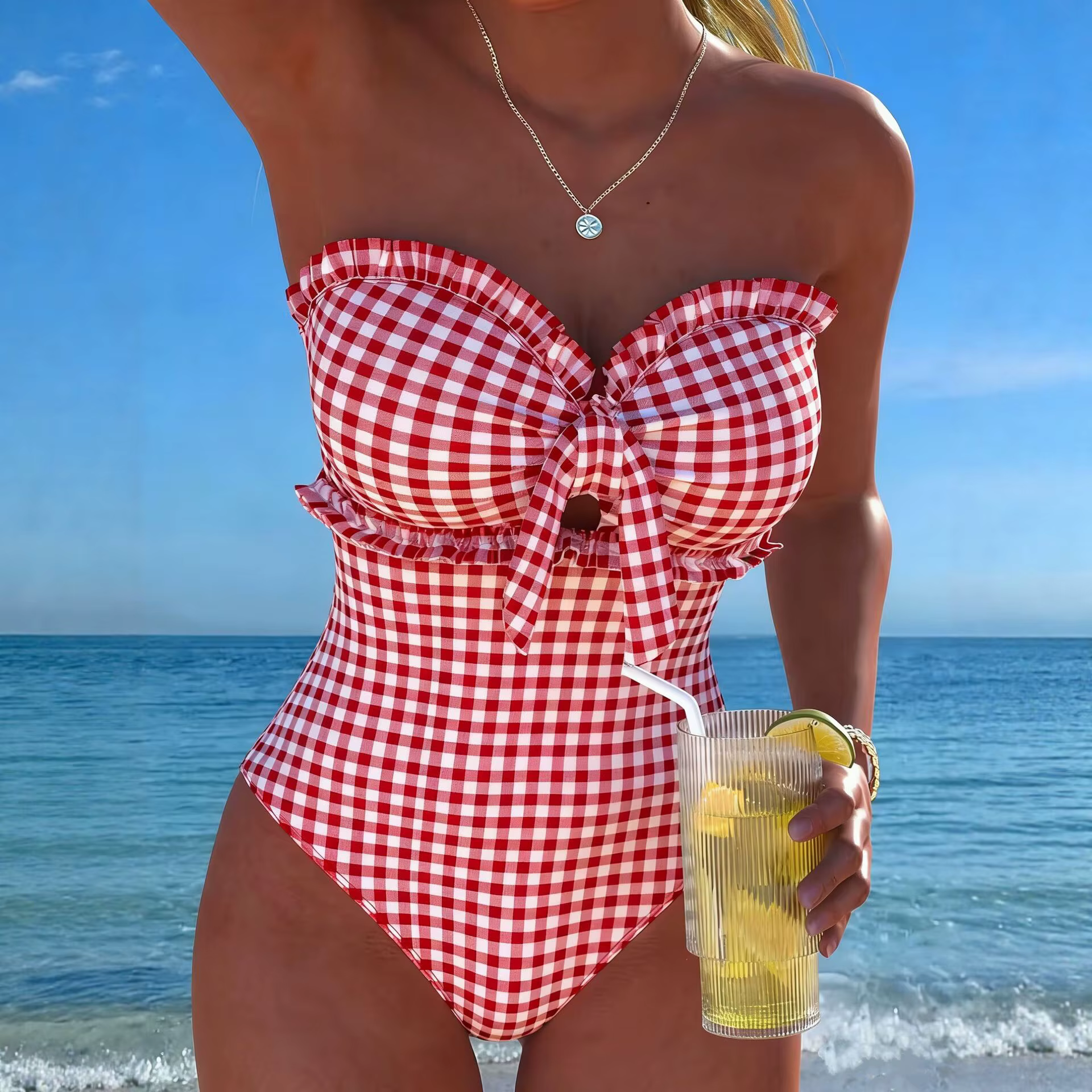 Women's Plaid & Striped Tube Top One Piece Swimsuit - Lace-Up Monokini
