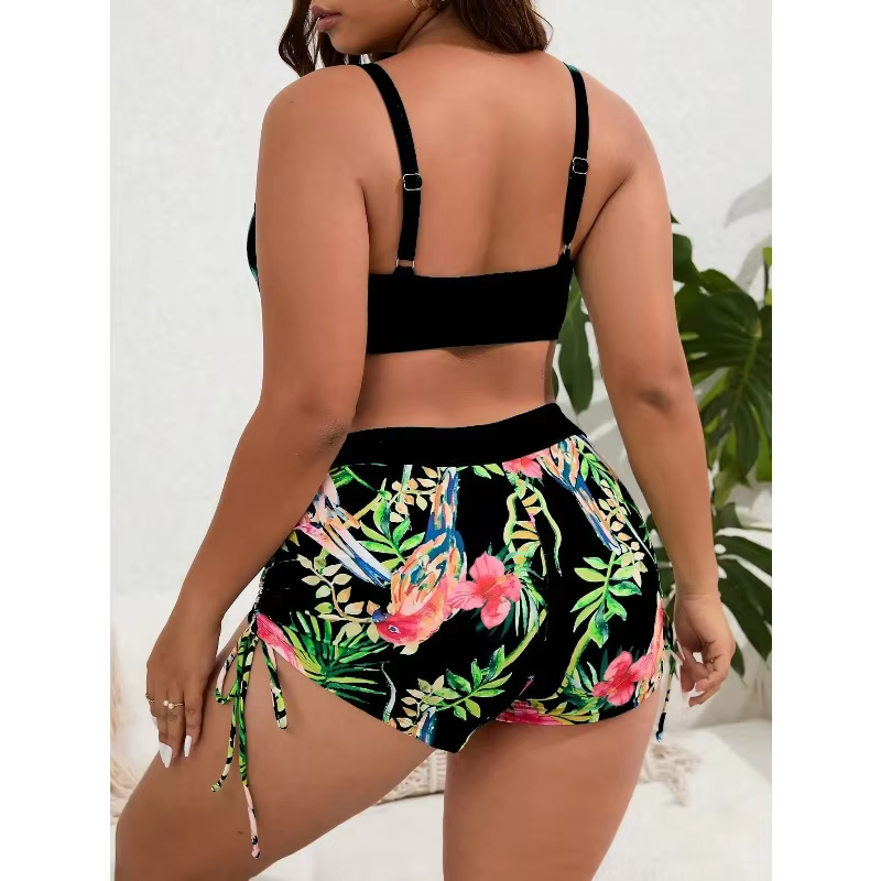 Plus Size Patchwork Strapped Bikini Set | High Waist Swimsuit