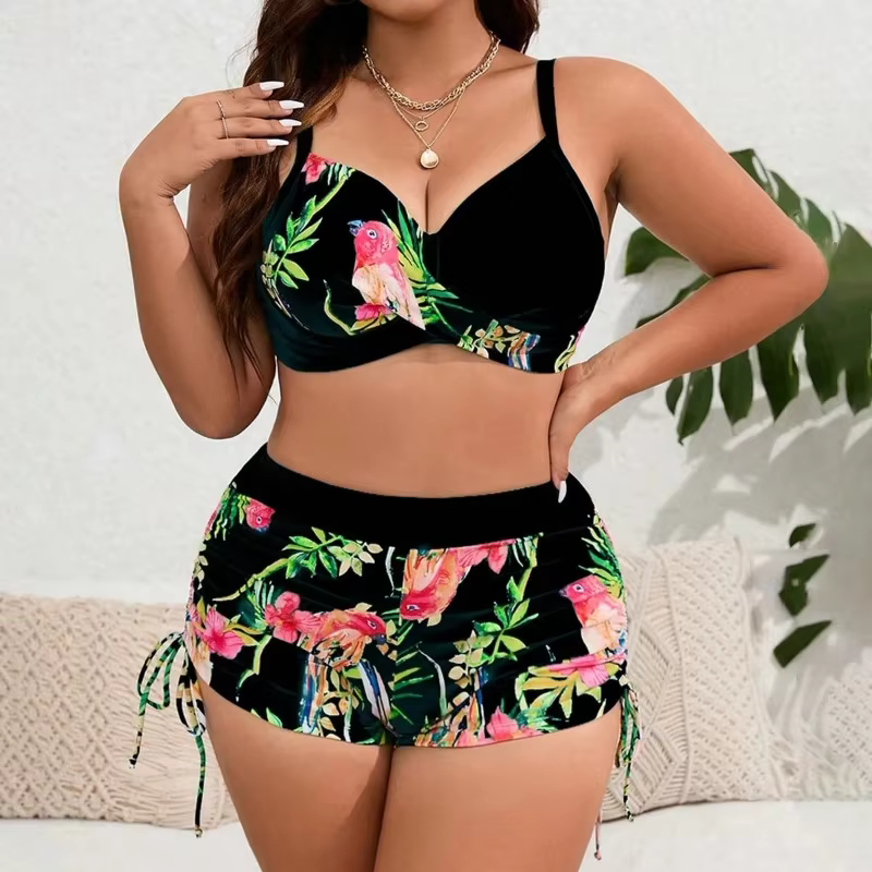 Plus Size Patchwork Strapped Bikini Set | High Waist Swimsuit - thumbnail 2