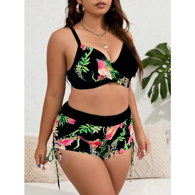 Plus Size Patchwork Strapped Bikini Set | High Waist Swimsuit - thumbnail 3