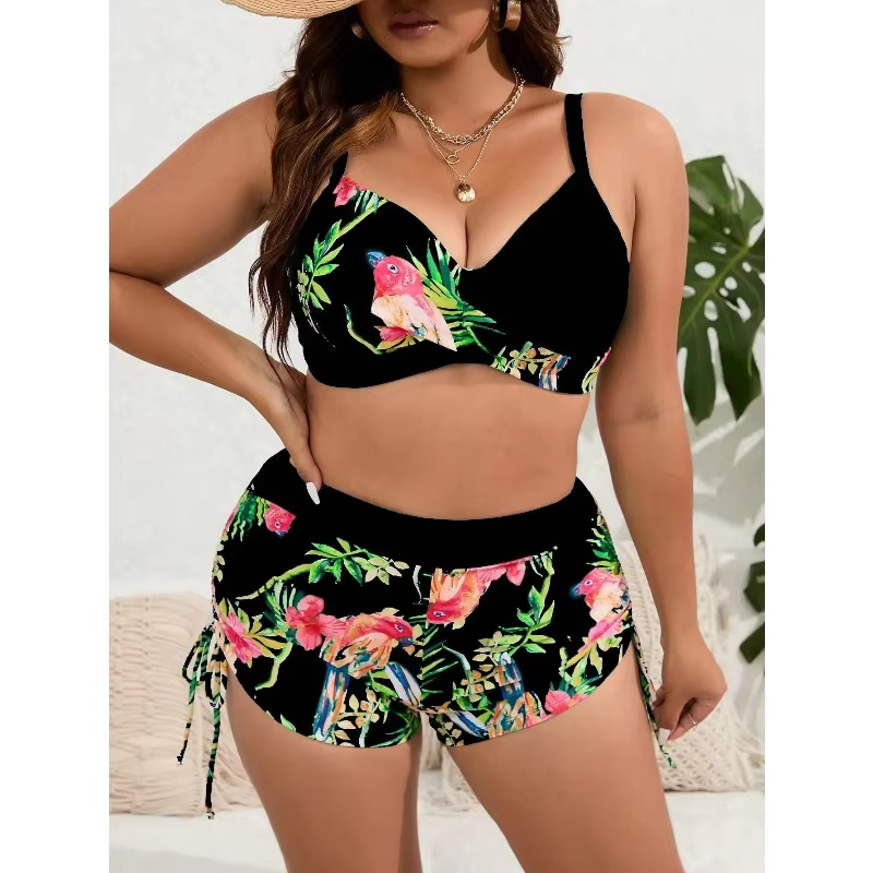 Plus Size Patchwork Strapped Bikini Set | High Waist Swimsuit - thumbnail 4