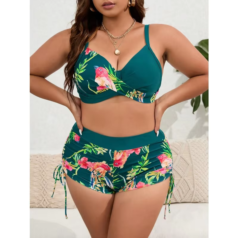 Plus Size Patchwork Strapped Bikini Set | High Waist Swimsuit - thumbnail 5