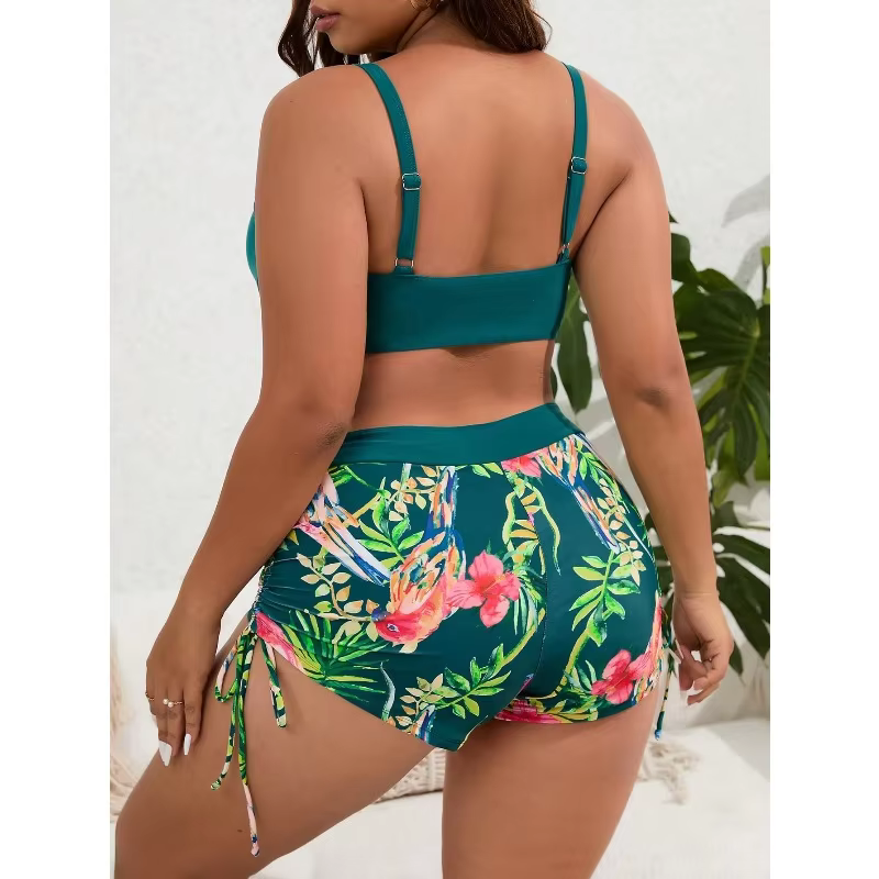Plus Size Patchwork Strapped Bikini Set | High Waist Swimsuit - thumbnail 6